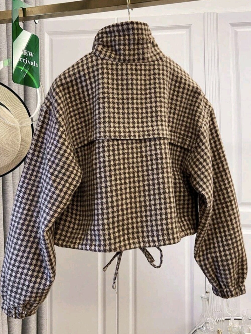 Women's Short Houndstooth Print Woven Jacket, Stand Collar Long Sleeve Zip Up - Picture 2 of 5